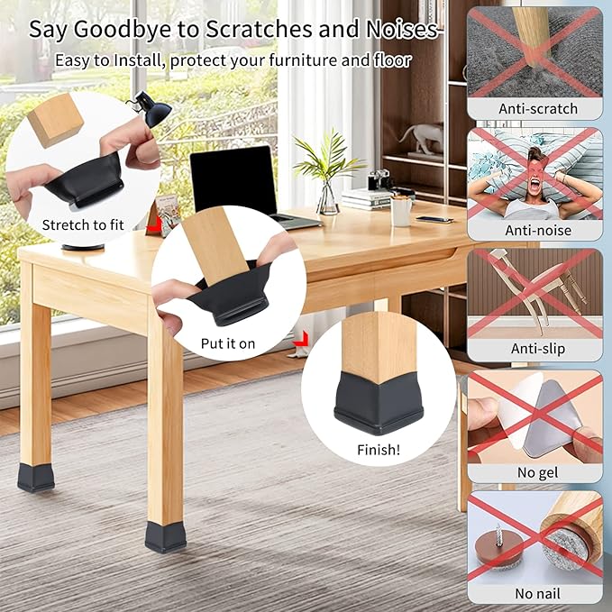 Ezprotekt 24 Pcs Large Chair Leg Sliders for Carpet, Square Black Teflon Furniture Glides Pads Caps for Rug, Bar Stool Leg Protectors Covers for Table, Chair, Sofa Legs (XL Fit: 1.5" - 2")