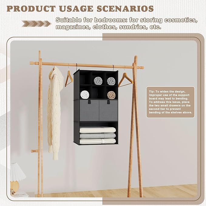 Hanging Closet Organizer 4 Shelves, 2 Drawers Closet Organization and Storage, 6 Compartments Wardrobe Clothes Organizer, Dark Gray