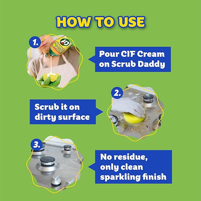 Scrub Daddy Cif Cream All Purpose Cleaner, Lemon - Multi Surface Household Cleaning Cream for Glass, Chrome, Granite, Sink, Gold, Marble & Countertops - 3 Pack (16.9 Oz Each)