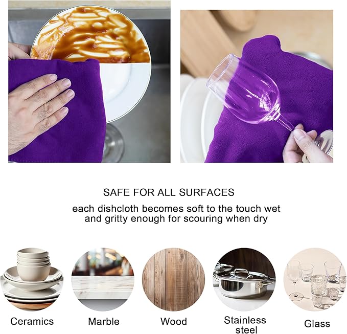 kimteny 13x28 Inches Kitchen Cloth Dish Towels, 400 GSM Premium Dishcloths, Super Absorbent Coral Velvet Microfiber Cleaning Cloths, Fast Drying Rags for Washing Dishes (6 Pack, Purple)