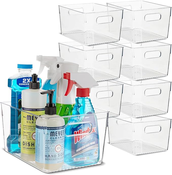 Plastic Food Storage 8 Pack Clear Container Bin with Handles for Organizing Kitchen, Pantry, Refrigerator, Freezer, Pantry, Cabinet, Closet, Bathroom. 10”x7.5”x5.3”