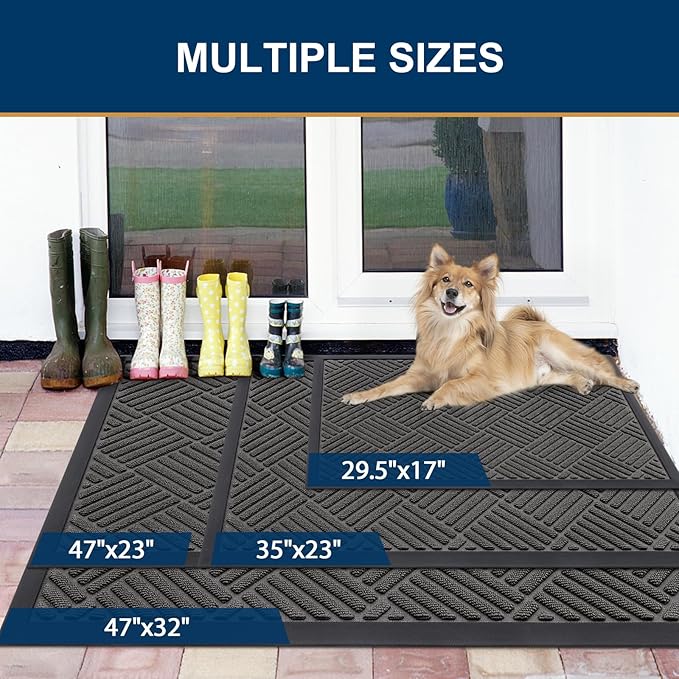 Smiry Front Door Mat Outside Entrance, Heavy Duty Outdoor Indoor Natural Rubber Doormat, Non Slip, Trap Dirt and Moisture, Easy Clean, Low Profile Patio Porch Entryway Mat, 47x17, Grey