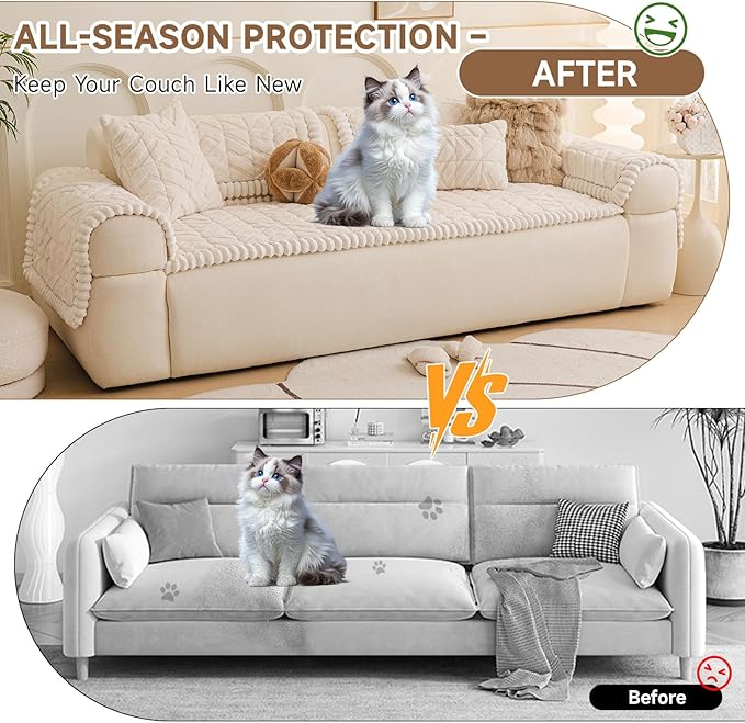 OTOB Couch Cover for Dogs Washable Pet Friendly, Non Slip Plush Funny Fuzzy Loveseat Sofa Cushion Slipcovers, All Seasons Geometric Jacquard Soft & Cozy Pet Bed Mat Protector (White, 27.6" x 47.2")