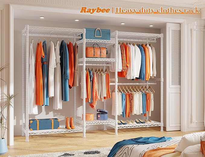 Raybee Clothing Racks for Hanging Clothes Heavy Duty Clothes Rack Load 750LBS Garment Rack, 77" H x 70.5" W x 13.8" D, White