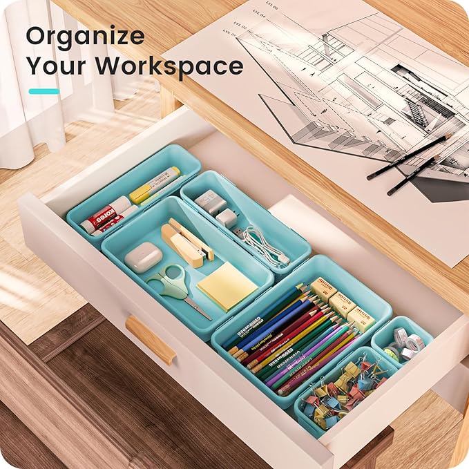 A-LuGei 【28PCS】 Drawer Organizer, Bathroom Organizers and Storage, Makeup organizer, Desk drawer organizer, Storage Bins for Kitchen Office Bedroom Vanity Jewelry Pantry Garage【Black】【4Size】