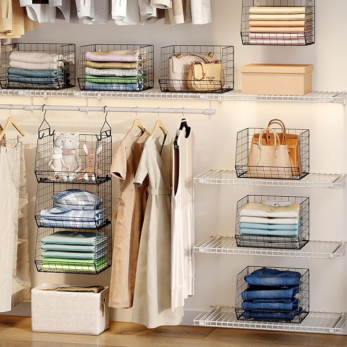 X-cosrack 3-Tier Hanging Storage Organizer for Closet, Laundry & Utility Room | Space Saving Shelves with 1.65" Hook & 5 S-Hooks | Hanging Wire Baskets (12.4" W x 8.8" H x 10.24-11.8" D)