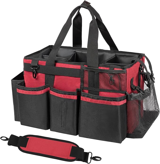 Wearable Cleaning Caddy, Cleaning Caddy Supplies Organizer with Handle & Shoulder Straps for Housekeepers, Under Sink & Car Cleaning Tool Organizers Bag with 4 Foldable Divider (Wine)