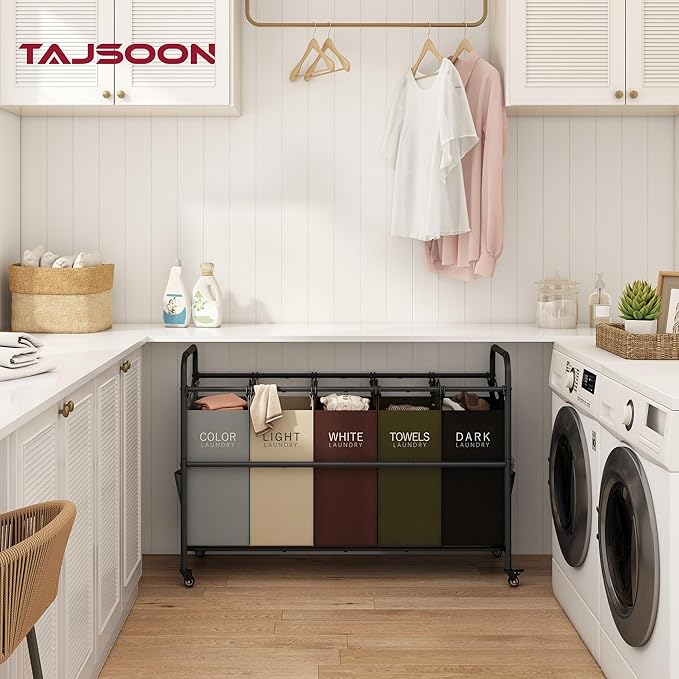 Tajsoon 5 Bag Laundry Sorter Cart, Laundry Hamper Sorter Basket with Heavy Duty Lockable Rolling Wheels for Clothes Storage, 5 Colors
