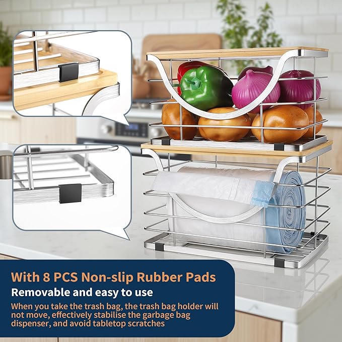 Extra Large Trash Bag Holder Stackable Kitchen Storage Slive, 2 Pack Wall Mounted Pantry Organizers and Storage with Bamboo Top, Garbage Bag Dispenser Under Sink for Laundry Room and Kitchen