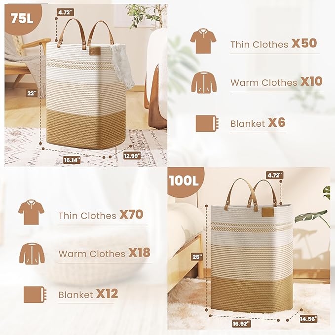 danpinera 100L Nursery Hamper, Tall Woven Laundry Basket with Long Leather Handles, Boho Laundry Hamper for Living Room & Bedroom, Eco-friendly & Convenient Decorative Storage Basket White & Jute