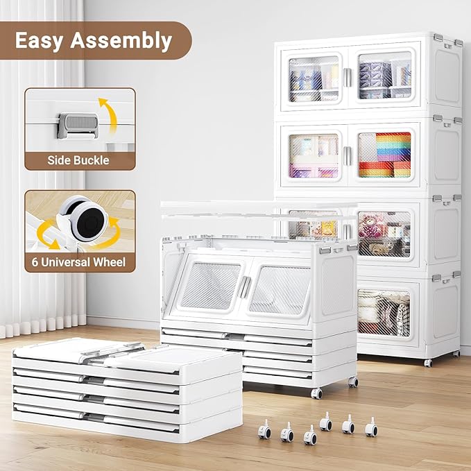 BROVIEW 1200 Qt Stackable Storage Bin with Lid, 300Gal Extra Large Collapsible Storage Boxes, Folding Plastic Drawer, Heavy-Duty Store Cabinet, Closet Organizer for Home Kitchen, 4 Pack White