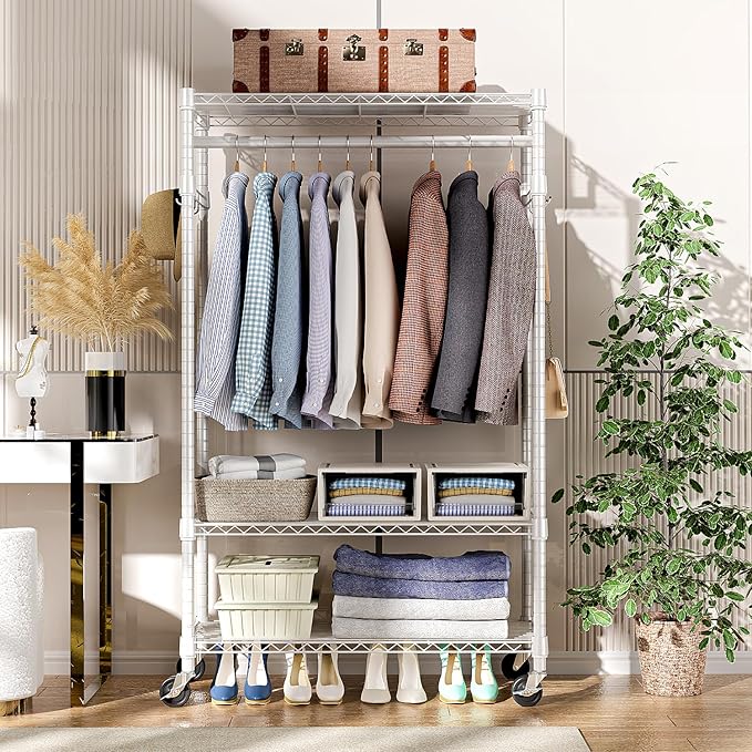 Heavy Duty Rolling Garment Rack 3 Tiers Adjustable Wire Shelving Clothes Rack with Rods and Side Hooks,Storage Closet Clothing Rack with Wheels White 15.7" D x 29.5" W x 74.5" H