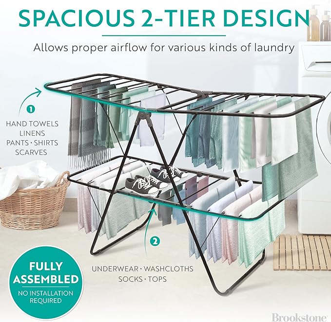 Brookstone 2 Tier Folding Rack – Indoor/Outdoor Collapsible Clothes Dryer Stand Laundry or Shoe Rack,Heavy Duty Freestanding Garment Hanger, Foldable, Portable Air Dry Holder