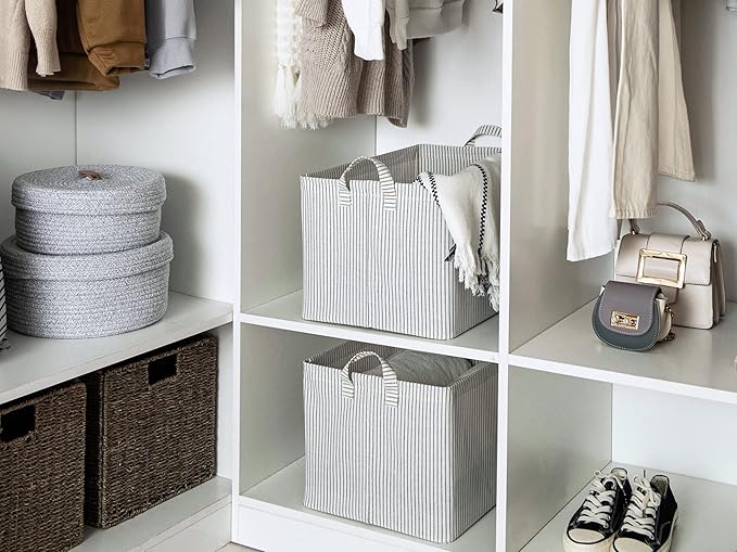 StorageWorks 45L Large Storage Bins for Closet and Shelves, Fabric Organizer Baskets with Metal Frame for Clothes, Towels, Collapsible Storage Basket, Gray and White Stripes, 2-Pack