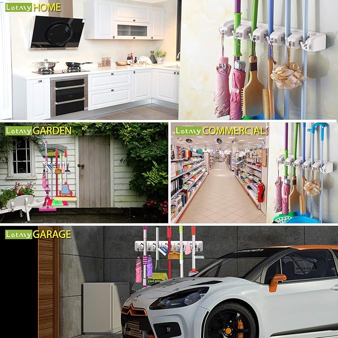 LETMY Broom Holder Wall Mount - Mop and Broom Hanger Holder - Garage Storage Rack & Garden Tool Organizer - 5 Position 6 Hooks Broom Rack for Home, kitchen, Garden, Tools, Garage Organization - White