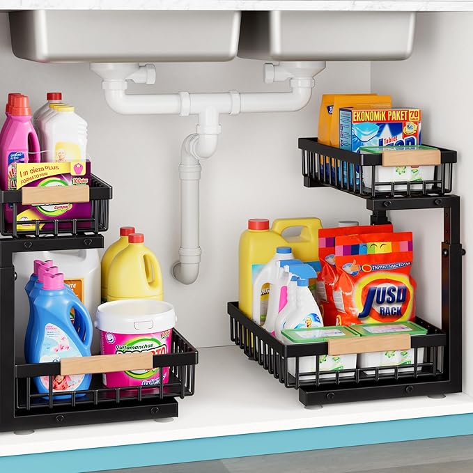 Under Sink Organizer,2 Packs 2 Tier Sliding Pull Out Cabinet Storage Shelf, Metal Drawer for Kitchen Bathroom Cabinet, Under Sink Organizer Organization Rack, Rust-Resistant Black