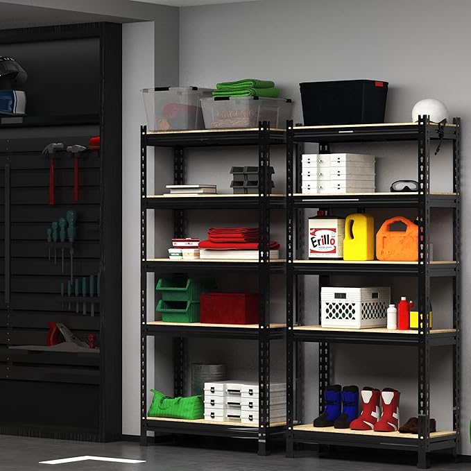 PrimeZone Storage Shelves 5 Tier Adjustable Garage Storage Shelving, Heavy Duty Metal Storage Utility Rack Shelf Unit for Warehouse Pantry Closet Kitchen, 28" x 12" x 59", Black, 6 Packs
