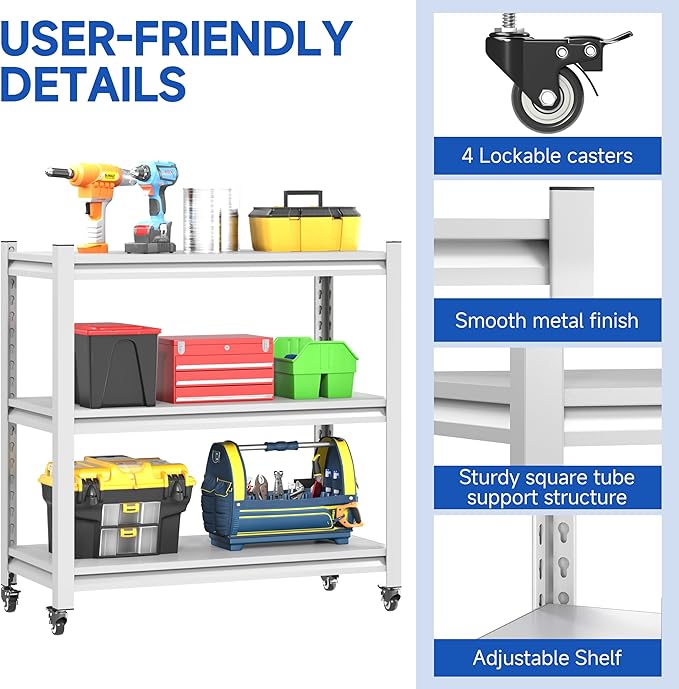 34''W Garage Heavy Duty 3-Tier Adjustable Storage Rack, Steel Shelving with Wheels,Pantry,Kitchen, Office, Closet and Garage Shelves, Easy to Assemble- White