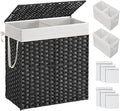 SONGMICS Laundry Hamper with Lid, 110L Clothes Hamper with 2 Removable Liner Bags, 6 Mesh Bags, Wicker Laundry Basket, Double Laundry Hamper for Laundry Room, 13 x 22.4 x 23.6 Inches Black ULCB52BK