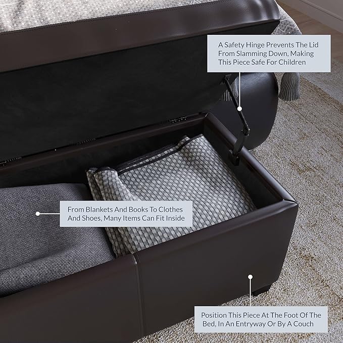 BELLEZE Storage Faux Leather Ottoman, 47 Inch Bench Bedroom Bench with Safety Close Hinge, Extra Long Ottoman with Storage for Living Room, Entryway, Hallway, Foot Rest, Support 300lbs - Brown