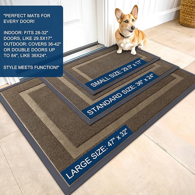 OLANLY Front Door Mat Indoor Outdoor Entrance, Waterproof All-Season, All-Weather Doormat, Sturdy Natural Rubber, Fade Resistant, Low Profile, Easy Clean Patio Porch Entryway Mat, 59x40, Brown