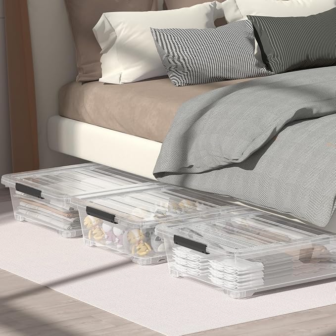 4 Packs Under Bed Storage Containers with Clear Lid, Large Stackable Plastic Latching Bins with Rolling Wheels, 40 Quart