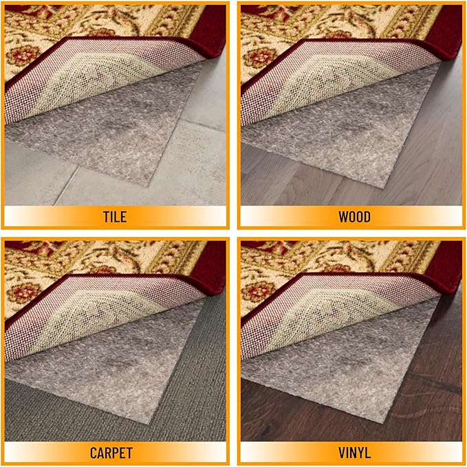 Ottomanson 8' x 9' Non-Slip Rug Pad Gripper 1/4 Inch Thick Dual Surface Felt + Rubber Gripper - Safe for All Floors, Brown