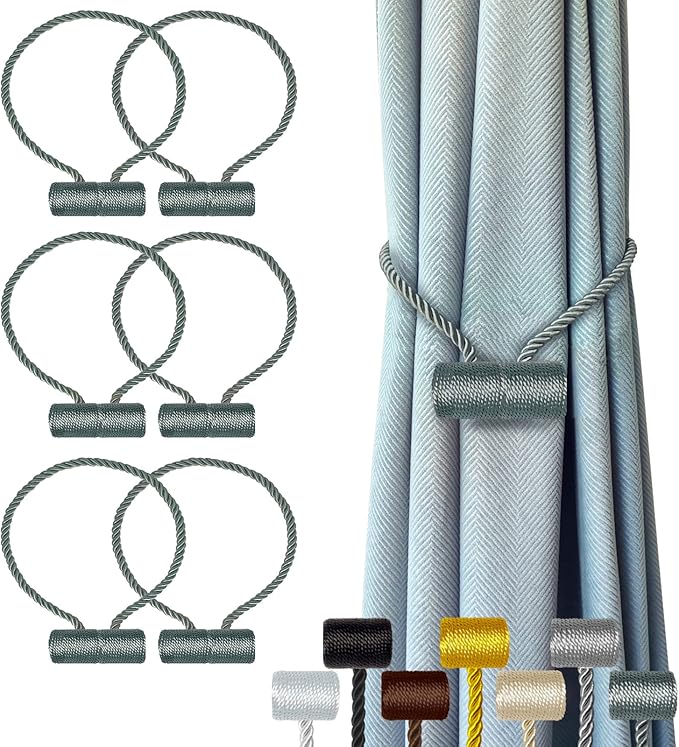 Hion Magnetic Curtain Tiebacks Gray Blue 6 Pack, Curtain Tiebacks Buckles Holdbacks Holders Hooks Clip for Home Bedroom Office Decorative Thick or Thin Curtain
