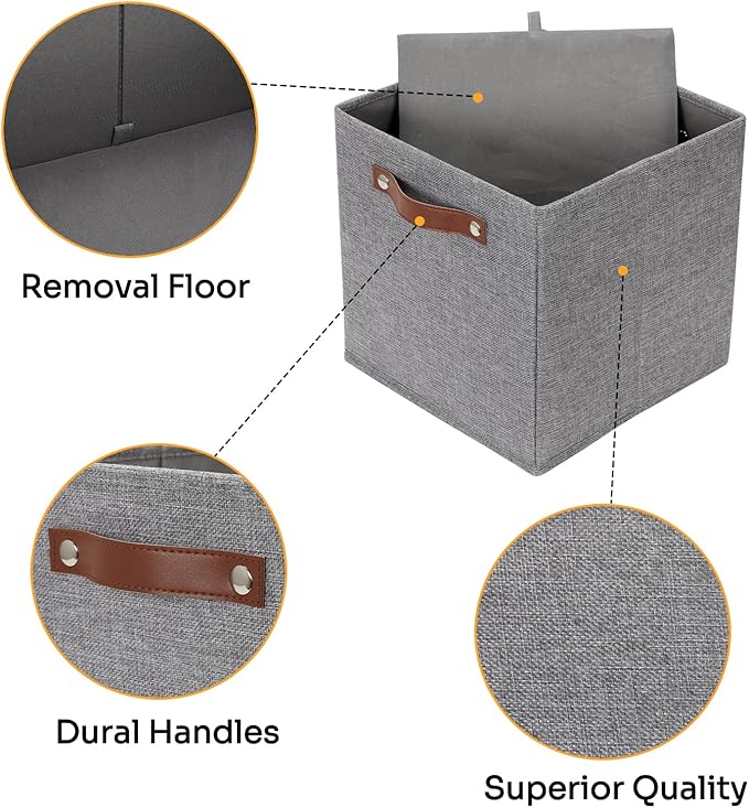 DULLEMELO 11x11 Cube Collapsible Fabric Storage Bins for Shelf Organizing, Toy Square Bins, Kids Clothes Closet Baskets Storage, for Bedroom, Living Room, Dorm(Gray-4 Pack)