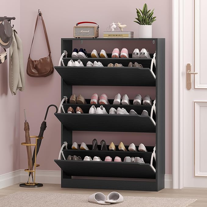 Shoe Storage Cabinet with 3 Flip Drawers,Narrow Shoe Rack Cabinet,Freestanding Organizer Storage for Entryway, Hallway, Black