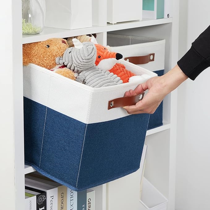 DULLEMELO Fabric Bins for Cube 11x11, Gift Baskets Empty for Boy Girl Mother Father Christmas Festival,Fabric Storage Bins Cube Organizer Baskets With Leather Handles(White&Blue)