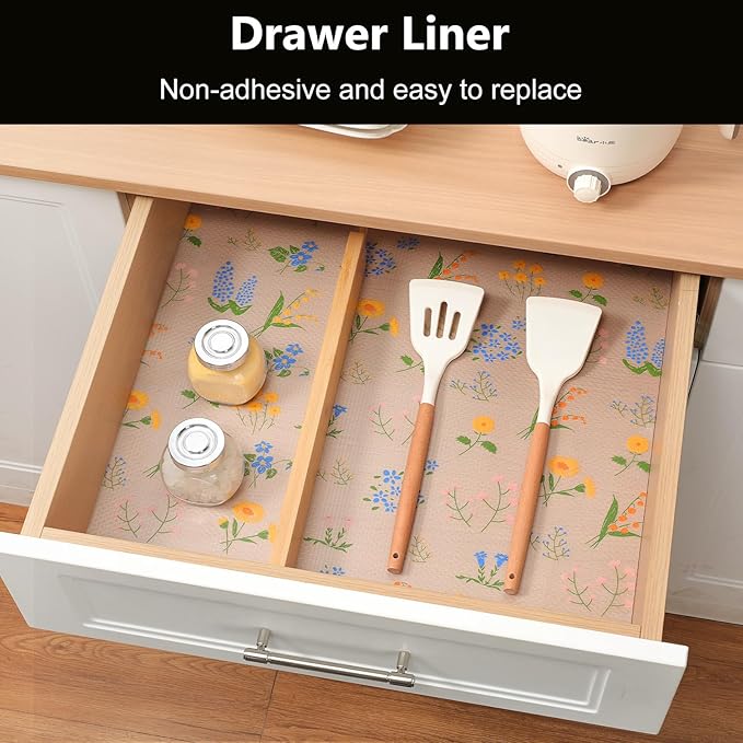 INNOLITES Non-Slip Shelf Liner – Cabinet & Drawer Liner Non-Adhesive – Waterproof Oil-Proof – Durable EVA with Floral for Kitchen Cabinets Refrigerator – BPA-Free, Easy to Cut