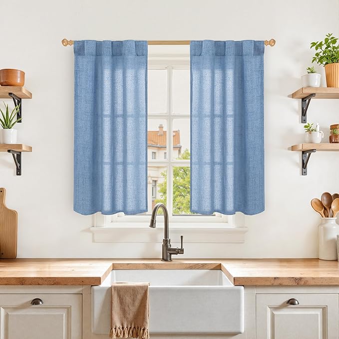 YoungsTex Denim Blue Linen Curtains 40 Inch Length for Bathroom Window, Small Drapes with Rod Pocket Back Tab Light Filtering Coastal for Cafe Kitchen Window Over Sink, 2 Panels, 30 X 40 Inch