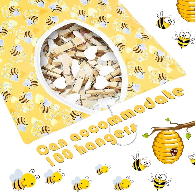 Bee Honeycomb Clothespin Holder - 2 Pcs Bee Clothes Pin Bags - 15 X 11 Inch - Clothes Hanging Bag for Laundry Room & Outdoor Use