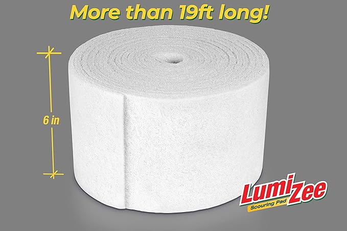 Non-Scratch White Scrubbing Pads Roll 19ft Economy Size Sponge Scouring Pad 19ft x 6in x 0.3in (6m x 15cm x 8mm) Tough Stains for Cleaning Pans Dishes Stoves Kitchen Bathroom Sinks Pots Walls Windows