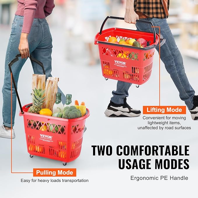 VEVOR Shopping Carts with Handles, 6PCS, 39L Plastic Rolling Shopping Basket with Wheels, Large Portable Shopping Basket Set for Supermarkets, Retail Stores, Grocery Shopping, Red