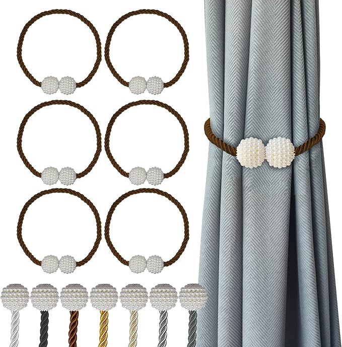 Hion Magnetic Curtain Tiebacks Dark Brown 6 Pack, Curtain Tiebacks Buckles Holdbacks Holders Hooks Clip for Home Bedroom Office Decorative Thick or Thin Curtain