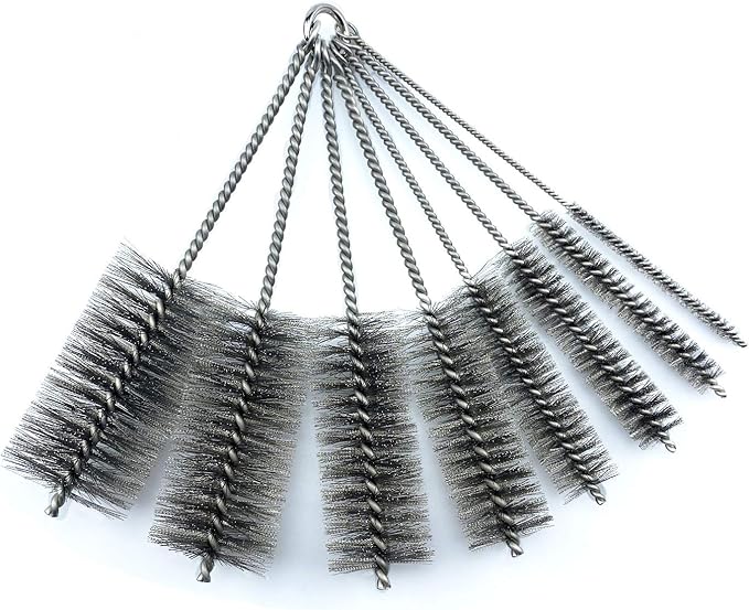 Pipe Cleaning Brush Set Stainless Steel Bristles, 8 Piece Variety Pack for Auto Parts, Bottles, Tubes, Etc.