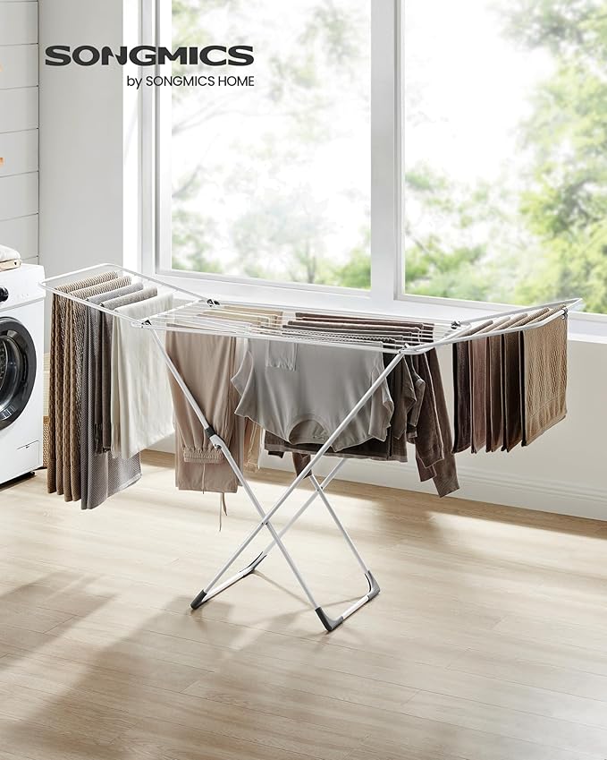 SONGMICS Clothes Drying Rack, Metal Laundry Drying Rack, Foldable, Space-Saving, Free-Standing Airer, with 2 Gullwings, Indoor Outdoor Use, Bed Linen Clothing, White ULLR540W01