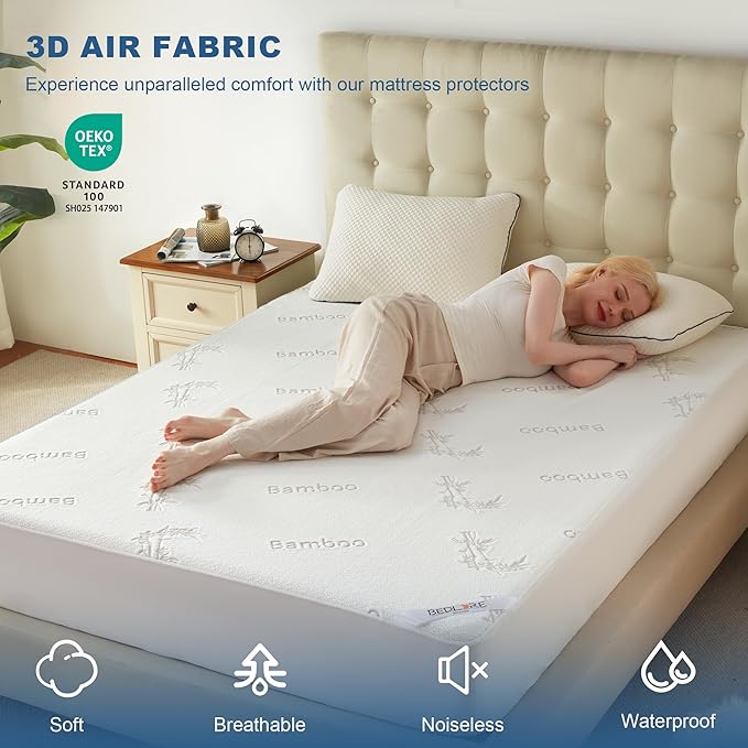 Waterproof Twin Size Mattress Protector, Mattress Pad Fitted 6"-15" Deep Pocket, 3D Air Fabric Bed Mattress Cover Noiseless Machine Washable