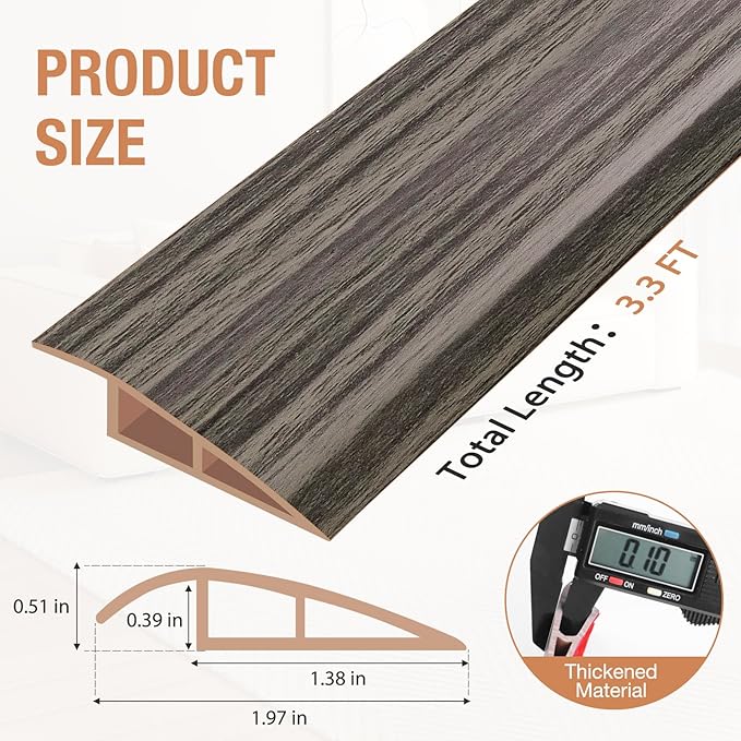 Floor Transition Strip Self Adhesive Vinyl Door Threshold for Doorways Carpet Edging Trim Overlap Edge Reducer for Laminate Floor, Carpet, Tile (Grayish Brown Wood Grain, 1/5" to 2/5", 3.3Ft)