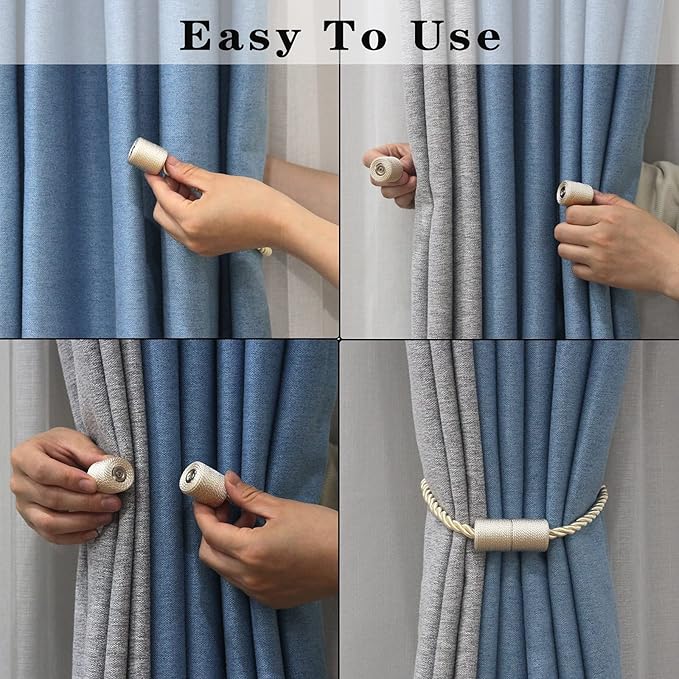 2 Pack Beige Strong Magnetic Curtain Tiebacks Outdoor Elegant Decorative Tie Backs Modern Rope Tiebacks for Drapes Window Curtain Holdbacks for Draperies