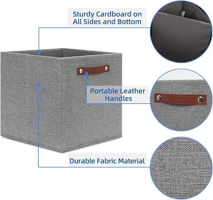 Temary 12x12 Storage Cube Bins 4 Pack Fabric Storage Cubes Storage Bins with Leather Handles, Storage Baskets Foldable Cube Organizers Bins for Home (Grey)