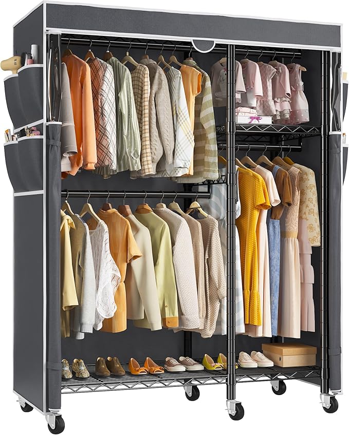Raybee Clothes Rack with Cover,Clothing Racks for Hanging Clothes with Wheels and Adjustable Feets,Rolling Heavy Duty Garment Rack,Black