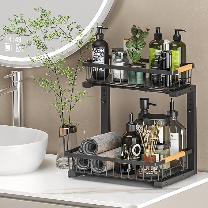 Under Sink Organizer Storage 2 Pack, 2 Tier Slide Out Height Adjustable Pull Out Cabinet Organizer Drawer for Kitchen Bathroom Large Under Sink Shelf Rack Caddy for Pantry, Black