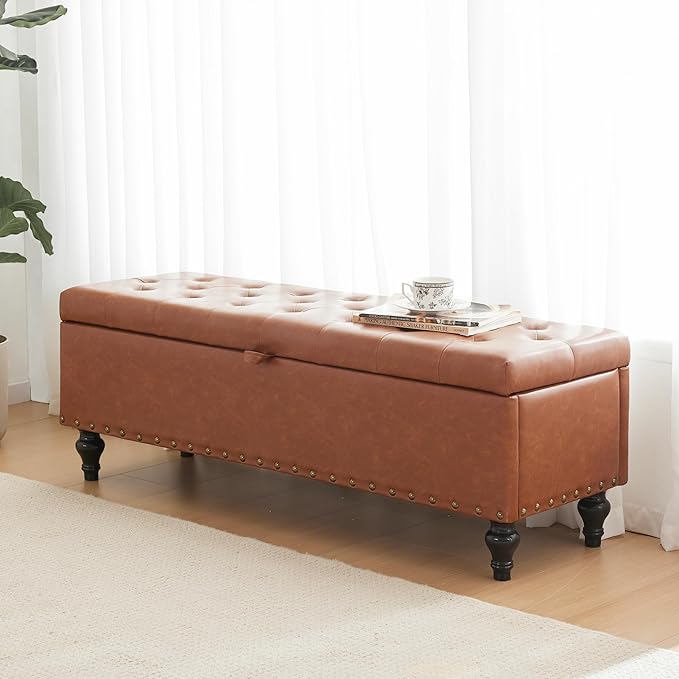 50" Storage Ottoman Bench, Tufted Ottoman with Storage for Living Room, Large End of Bed Ottomans, Modern Entryway Benchs, Window & Bedroom Benches for Foot of Bed (Brown)