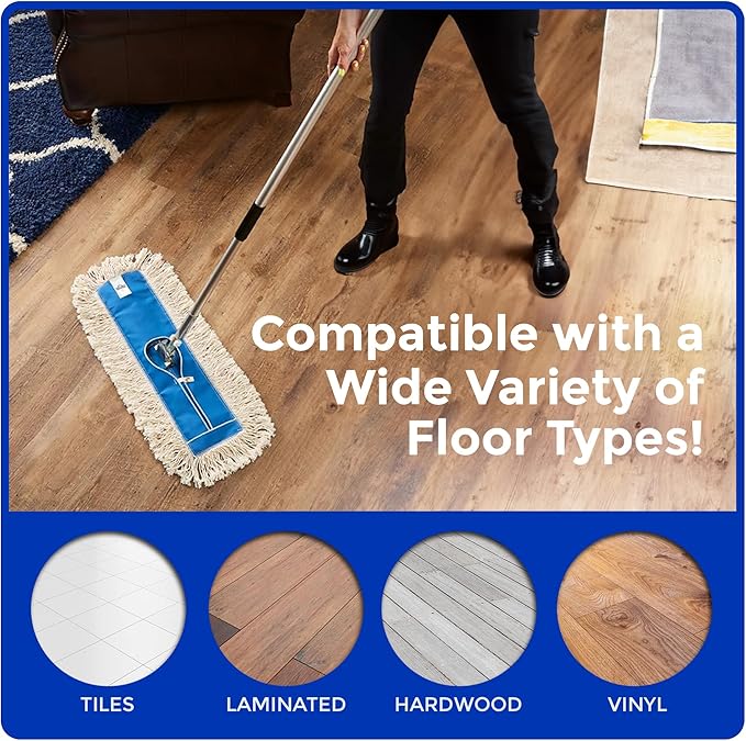Nine Forty 36" Premium Cotton Dust Mop Kit - Heavy Duty Mop Head with Handle for Industrial, Commercial, and Residential Cleaning - Dry Floor Duster for Hardwood Surfaces - White