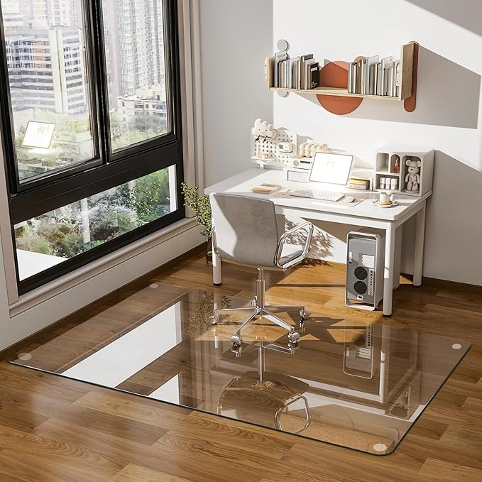 GLSLAND 36"x55" Tempered Glass Chair Mat Rectangle Heavy-Duty Floor Protector for Carpet & Hard Floors Scratch-Resistant Office Computer Desk Mat 1/5" Clear