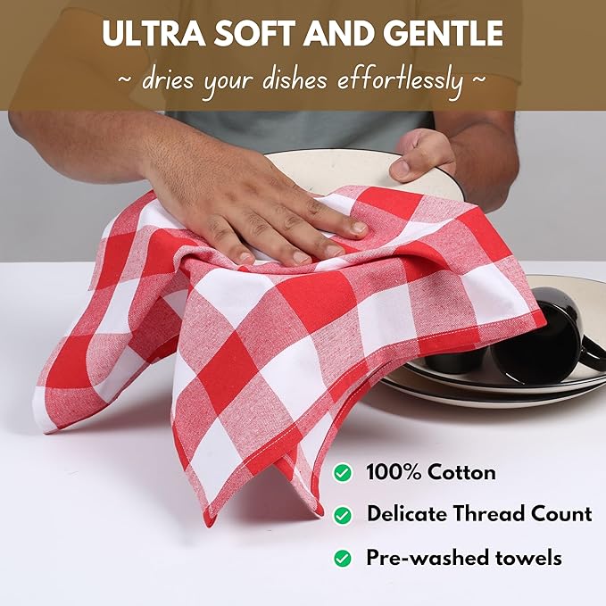 Native Fab 6-Pack Kitchen Towel with Hanging Loop 16x26 inches, Cotton Buffalo Check Kitchen Towels for Cleaning Drying, Washcloths Soft & Absorbent Cloth Rags, Bar Towel, Dish Cloth, Red