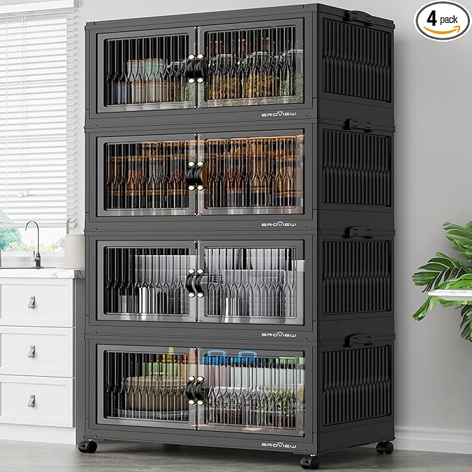 BROVIEW 480Qt Stackable Storage Bins with 4 Lids, Extra Large Closet Organizer Collapsible Drawer Boxes with Wheels, Folding Plastic Cabinet Containers for Home Kitchen Room Organization, 4Pack Black